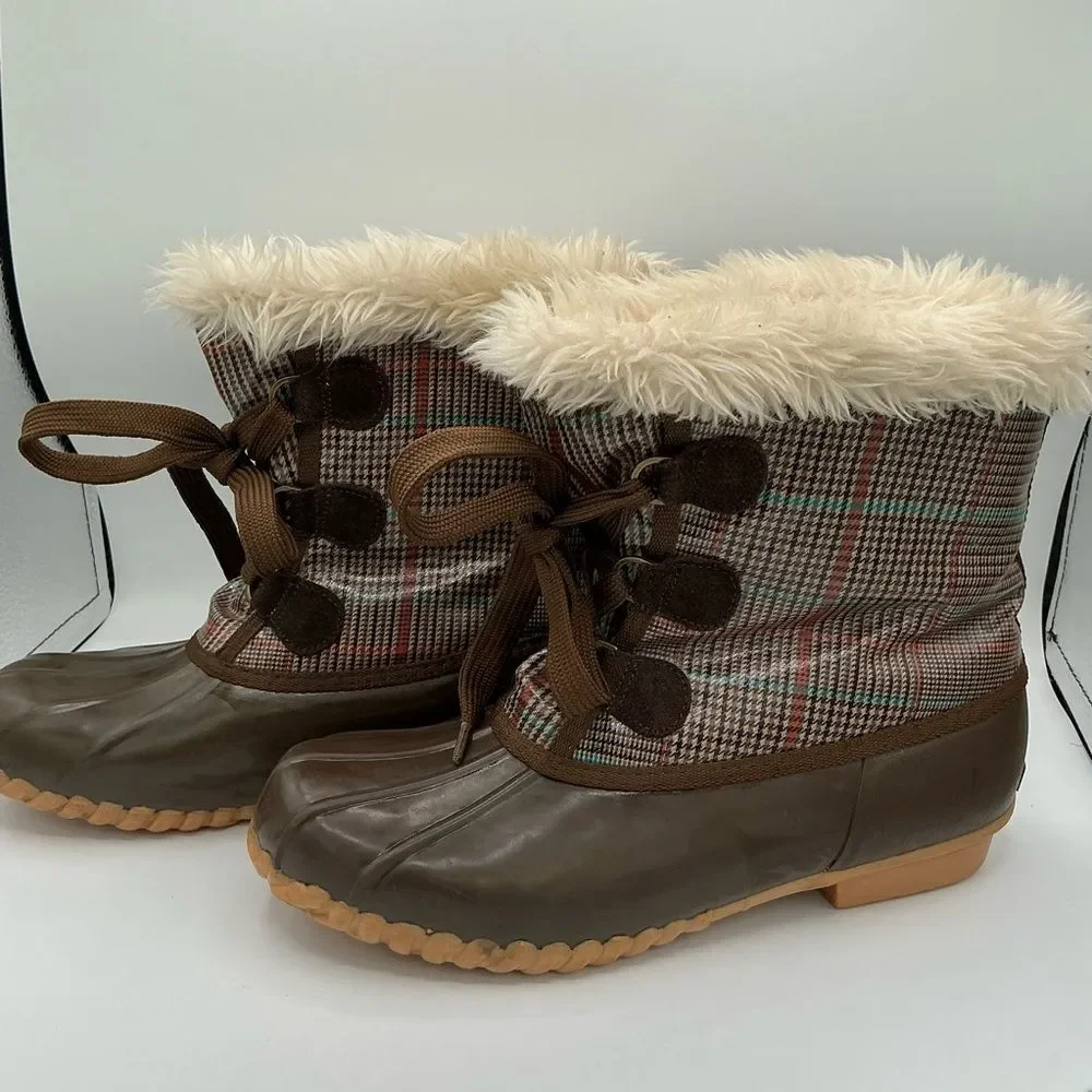 Sporto Plaid Duck Boots, brown rubber shell, faux fur lining size 10